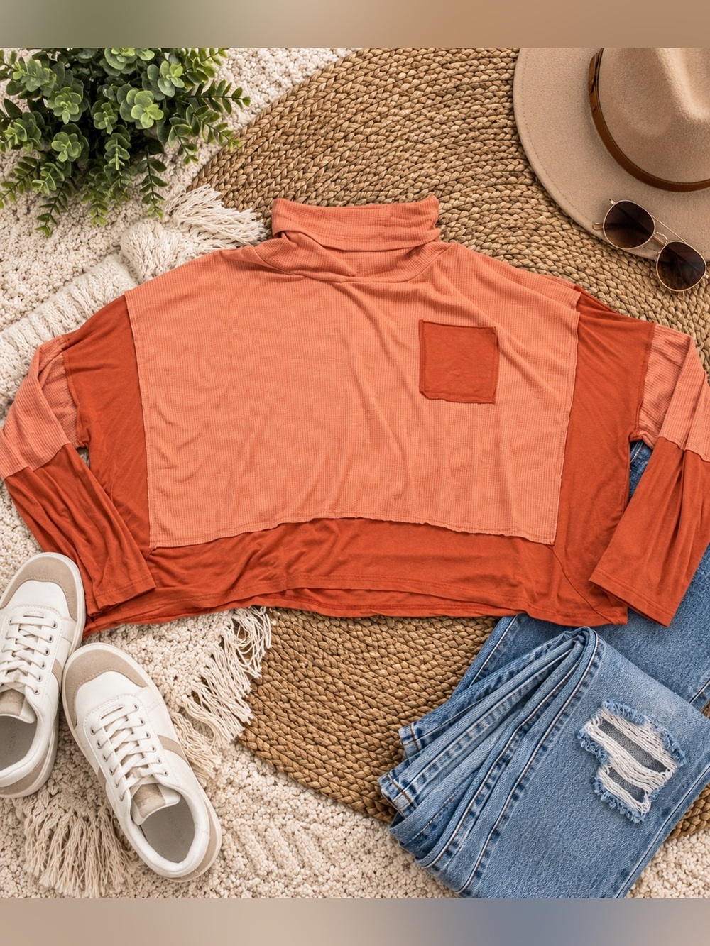 POL Large Rust Orange Blush Colorblock Waffle Knit Mock Neck Oversized Top